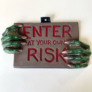 Vintage Enter At Your Own Risk Halloween Door Sign With Monster Hands